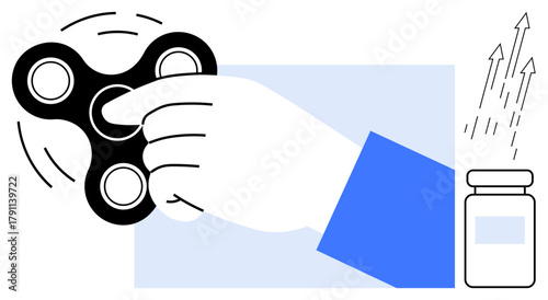 Hand spinning fidget spinner beside pill bottle with arrows, symbolizing focus, stress relief, and growth. Ideal for mental health, productivity, wellness, mindfulness, relaxation ADHD simple flat