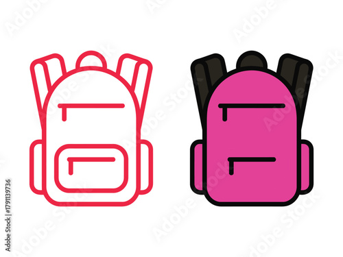 Two stylized backpacks, one red outline and one pink filled in, displayed side-by-side.