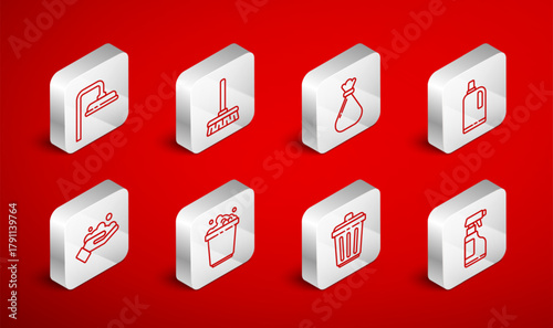Set line Spray bottle with detergent liquid, Handle broom, Garbage bag, Fabric softener, Trash can, Shower head, Bucket soap suds and Washing hands icon. Vector