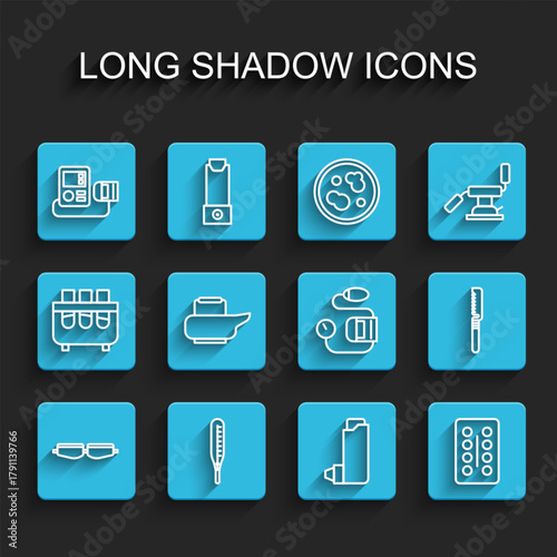 Set line Safety goggle glasses, Medical thermometer, Blood pressure, Inhaler, Pills in blister pack, Bedpan, saw and icon. Vector