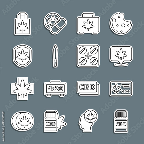 Set line Medical bottle with cannabis, Calendar and marijuana leaf, Location, Shopping box of, Marijuana joint, Shield, paper bag and pills icon. Vector
