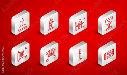 Set line Traditional carpet, Church pastor preaching, Muslim Mosque, Christian chalice, Burning candle, Tombstone with cross, Japan Gate and Decree, paper, parchment, scroll icon. Vector