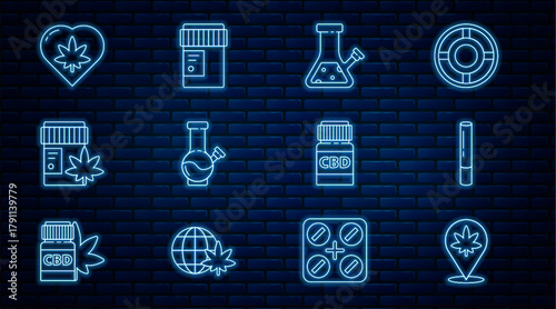 Set line Location and marijuana, Marijuana joint, Glass bong for smoking cannabis, Medical bottle with, leaf heart, and icon. Vector
