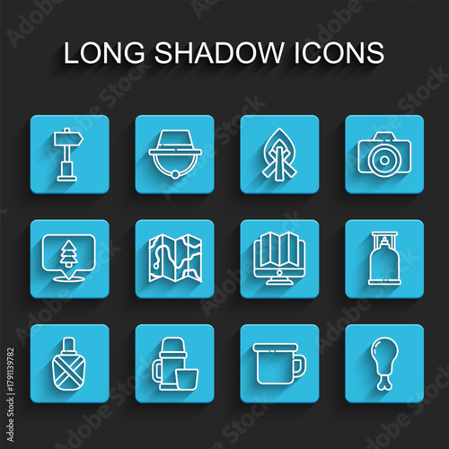 Set line Canteen water bottle, Thermos container and cup, Road traffic signpost, Camping metal mug, Chicken leg, Location of the forest map, gas stove and monitor icon. Vector
