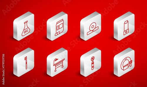 Set line Tomography, Medicine bottle and pills, Otolaryngological head reflector, Inhaler, Electric toothbrush, Test tube flask, Operating table and Toothbrush icon. Vector