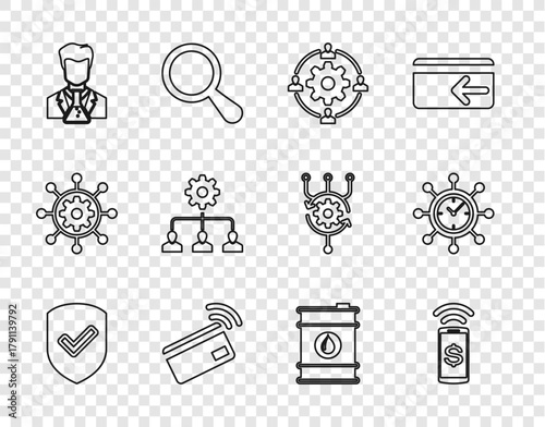 Set line Shield with check mark, Contactless payment, Outsourcing concept, Scientist and test tube, Lead management, Barrel oil and Clock gear icon. Vector