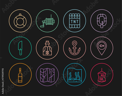 Set line Fishing net with fish, Location fishing, Detonate dynamite bomb stick, Fisherman, Knife, Lifebuoy, Anchor and Spinning reel for icon. Vector