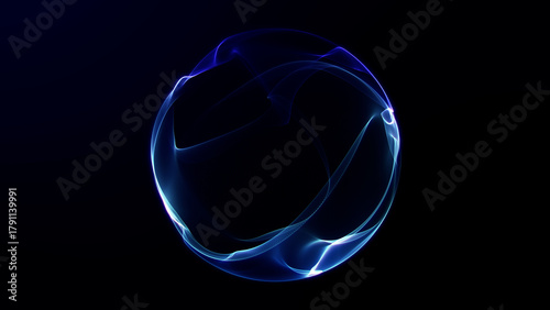 Abstract glowing energy sphere with smooth flowing blue and violet light waves on dark background. High-tech digital shape with a soft futuristic aesthetic. Ideal for sci-fi or tech visuals.