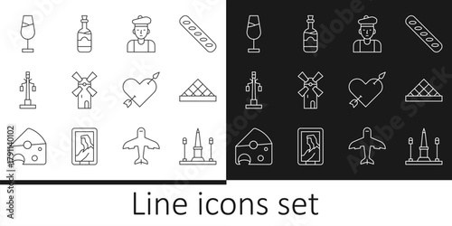 Set line Place De La Concorde, Louvre museum, French man, Windmill, Street light, Wine glass, Amour with heart and arrow and Bottles of wine icon. Vector