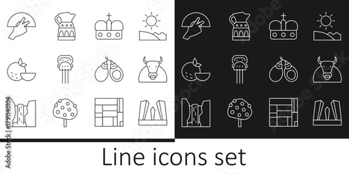 Set line Gate of Europe, Bull, Crown spain, Peineta, Orange fruit, Fan flamenco, Castanets and Sangria pitcher icon. Vector