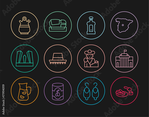 Set line Churros and chocolate, Prado museum, Orujo, Spanish hat, Gate of Europe, Sangria pitcher, Bullfight, matador and Stadium Mestalla icon. Vector