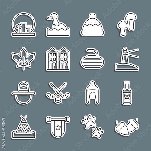 Set line Acorn, Beer bottle, Lighthouse, Beanie hat, House, Canadian maple leaf, Montreal Biosphere and Stone for curling icon. Vector
