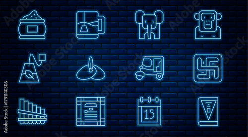 Set line India constitution day, Hindu swastika, Elephant, Indian headgear turban, Tea bag, spice, Taxi tuk tuk and Cup of tea with tea icon. Vector