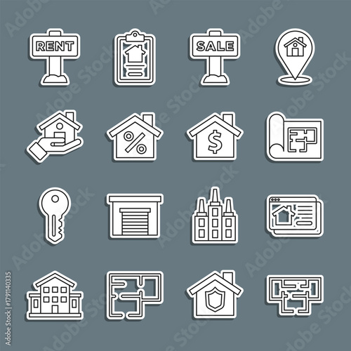 Set line House plan, Online real estate house, Hanging sign with Sale, percant discount, Realtor, Rent and dollar symbol icon. Vector