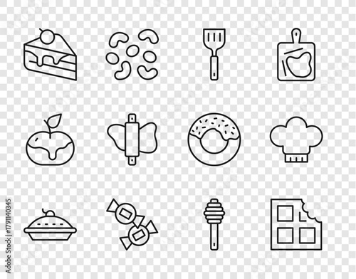 Set line Homemade pie, Chocolate bar, Spatula, Candy, Piece of cake, Rolling pin on dough, Honey dipper stick and Chef hat icon. Vector