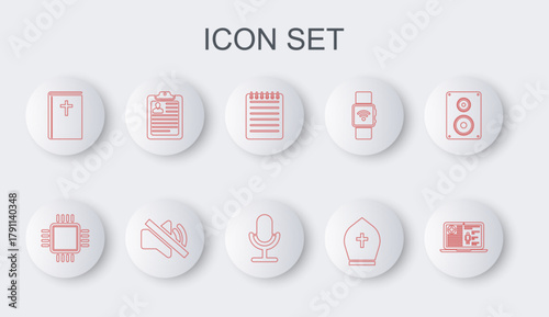 Set line Medical clinical record, Processor with CPU, Notebook, Pope hat, Holy bible, Clipboard resume, Speaker mute and Microphone icon. Vector