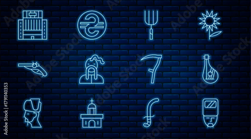 Set line Ukrainian cossack, Bandura, Garden pitchfork, Vintage pistols, Hotel Ukraina building, Scythe and hryvnia icon. Vector