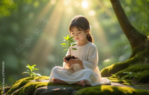 Child Holding Seedling in Sunlight, Symbol of Growth and Care