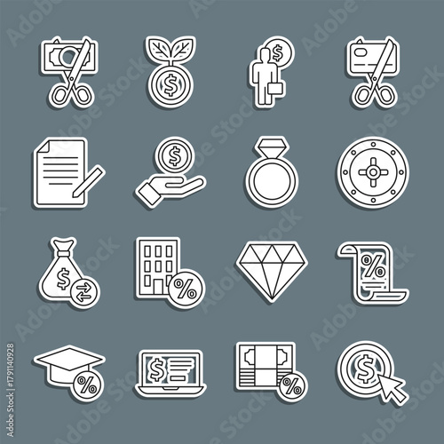 Set line Coin money with dollar, Finance document, Safe, Business man planning mind, Hand giving, Document pen, Scissors cutting and Diamond engagement ring icon. Vector