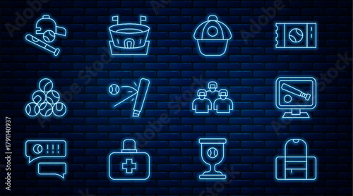 Set line Sport bag, Monitor with baseball game, Baseball cap, bat, ball, hat, Team of players and arena icon. Vector