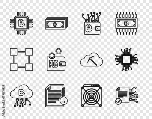 Set line Cryptocurrency cloud mining, Smart contract, wallet, CPU farm, Proof of stake, ASIC Miner and Processor icon. Vector