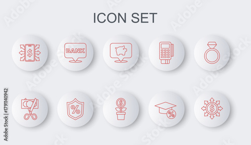 Set line Dollar, share, network, Scissors cutting money, Piggy bank, Graduation cap and coin, Smartphone with dollar, Bank building, Loan percent and plant icon. Vector