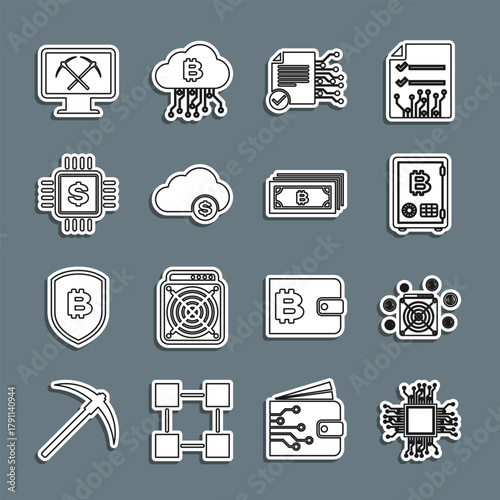 Set line Processor, ASIC Miner, Proof of stake, Smart contract, Cryptocurrency cloud mining, chip with dollar, Mining monitor and pickaxe and bitcoin icon. Vector