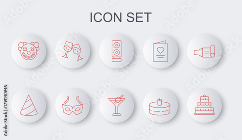 Set line Cake with burning candles, Party hat, Stereo speaker, Clown head, Glass of champagne, Festive mask and Martini glass icon. Vector