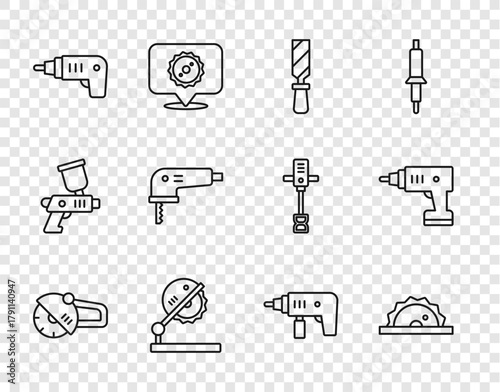 Set line Angle grinder, Electric circular saw, Rasp metal file, Table for woodwork, cordless screwdriver, jigsaw, drill machine and icon. Vector