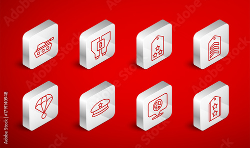 Set line Military rank, Binoculars, Chevron, Location peace, tank, beret and Parachute icon. Vector