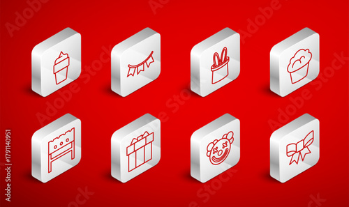 Set line Gift bow, Carnival garland with flags, Magician hat rabbit ears, Muffin, Clown head, Ice cream waffle cone, box and BBQ brazier icon. Vector