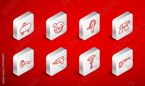 Set line Reciprocating saw, Electric circular, Angle grinder, Paint spray gun, Electrical hand concrete mixer, Air compressor, cordless screwdriver and Leaf garden blower icon. Vector