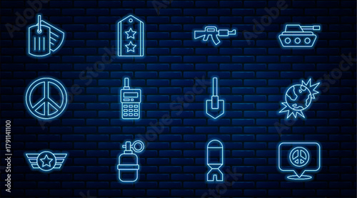 Set line Location peace, Bomb explosive planet earth, M16A1 rifle, Walkie talkie, Peace, Military dog tag, Shovel and rank icon. Vector