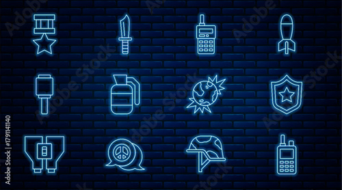Set line Walkie talkie, Police badge, Hand grenade, Anti-tank hand, Military reward medal, Bomb explosive planet earth and knife icon. Vector