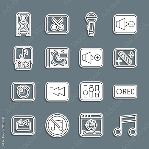 Set line Music note, tone, Record button, Photo retouching, Microphone, Vinyl player with vinyl disk, MP3 file, Stereo speaker and Speaker volume icon. Vector