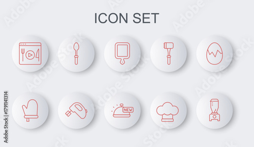 Set line Blender, Oven glove, Cutting board, Chef hat, Cooking live streaming, Teaspoon, Electric mixer and Covered with tray of food icon. Vector