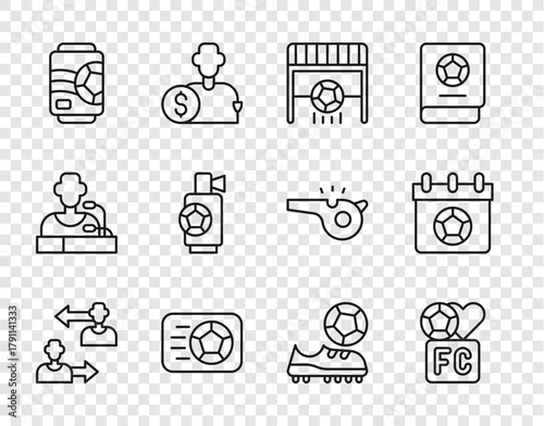 Set line Substitution football player, Fan club, Football goal with, Soccer, Beer can, Air horn, shoes and soccer calendar icon. Vector