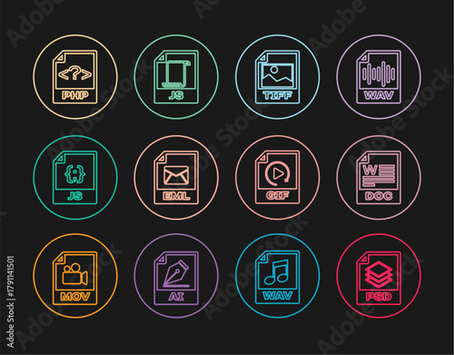 Set line PSD file document, DOC, TIFF, EML, JS, PHP, GIF and icon. Vector