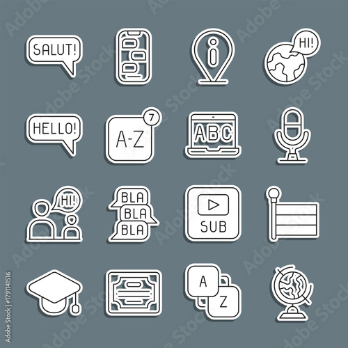 Set line Earth globe, Flag, Microphone voice device, Information, Online translator, Hello different languages, Salut and Foreign online study icon. Vector