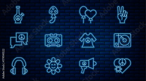 Set line Love peace, Vinyl player, Balloons, Retro audio cassette tape, Speech bubble chat, Bong, Peace dress print stamp and Psilocybin mushroom icon. Vector