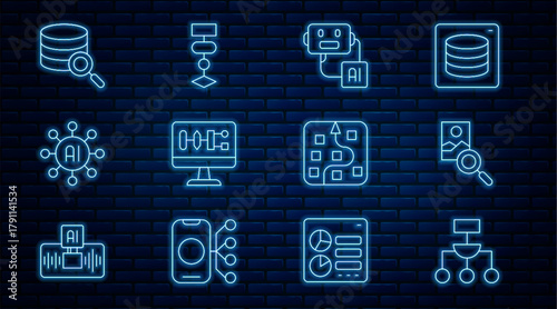 Set line Algorithm, Photo retouching, Artificial intelligence robot, Neural network, Server, and icon. Vector