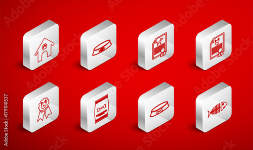 Set line Fish skeleton, Pet food bowl, Certificate for dog or cat, Dog house and paw print pet, Bag of and award symbol icon. Vector