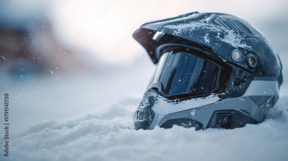 Fototapeta premium Motorcycle helmet covered in snow, winter adventure and extreme sports concept