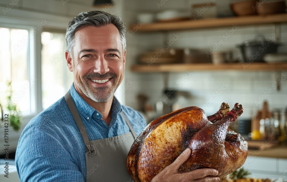 Obraz premium Happy man in kitchen holding freshly roasted turkey with smile