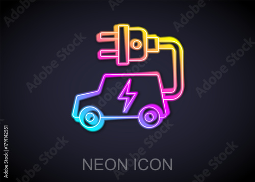 Glowing neon line Electric car and electrical cable plug charging icon isolated on black background. Renewable eco technologies. Vector