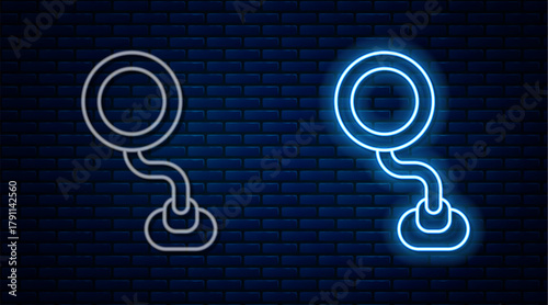 Glowing neon line Road traffic sign. Signpost icon isolated on brick wall background. Pointer symbol. Isolated street information sign. Direction sign. Vector