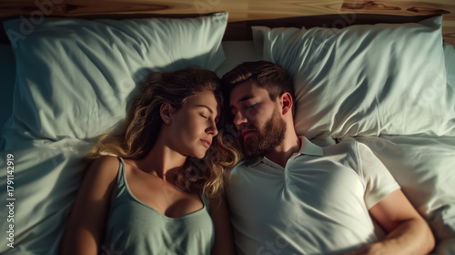 Young couple sleeping side by side in bed at night