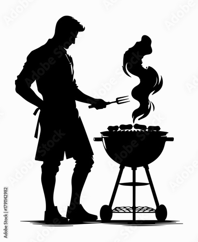 Black and white illustration of a man making a barbecue with sausages using a cauldron on a white isolated background. Vector graphics. EPS.