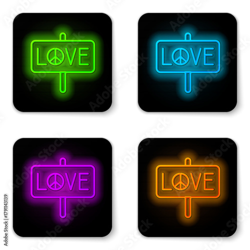 Glowing neon line Peace icon isolated on white background. Hippie symbol of peace. Black square button. Vector