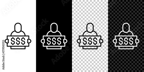 Set line Fortune lottery win composition with lucky winner holding prize ticket icon isolated on black and white, transparent background. Vector